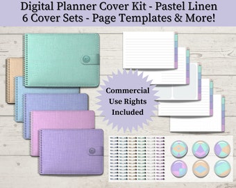 Digital Planner Cover Kit - Pastel Linen - 6 SETS - Landscape - Digital Covers, Coils, Buttons, Clasps, PNGs - Commercial Use