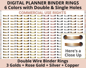 Metallic Digital Planner Rings - Double Wire Coils - 6 Sets in Double and Single Holes - Rose Gold - Silver - Gold - Copper - Commercial Use