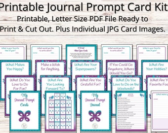 Journal Prompt Journal Kit - Printable - 18 Colorful Matching Cards with journal pages in PDF plus 18 JPG Cards – 8.5” x 11” Letter Size