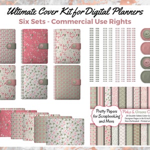 May include: Digital planner cover kit with six sets, featuring various patterns in pink, green, and neutral tones. Includes covers with button closures, paper strips, and a collection of scrapbook papers. The text reads "Ultimate Cover Kit for Digital Planners."