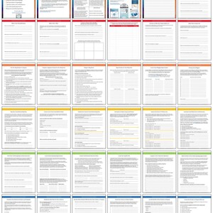 May include: A collection of thirty-six white paper worksheets titled The Book Marketing Worksheet Bundle for Busy Authors, featuring black text, various headers, and colored borders in red, orange, yellow, green, and blue, organized in a grid layout.