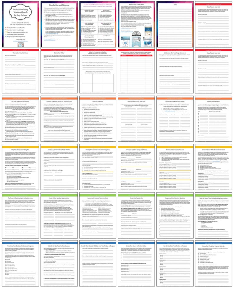 May include: A collection of thirty-six white paper worksheets titled The Book Marketing Worksheet Bundle for Busy Authors, featuring black text, various headers, and colored borders in red, orange, yellow, green, and blue, organized in a grid layout.