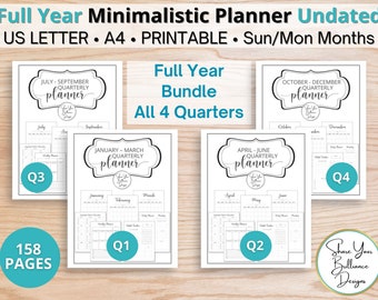 May include: A printable undated planner bundle featuring four quarterly sections labeled Q1, Q2, Q3, and Q4. The pages include monthly, weekly, and daily layouts with black text on white backgrounds. The set contains 158 pages in US Letter and A4 sizes.