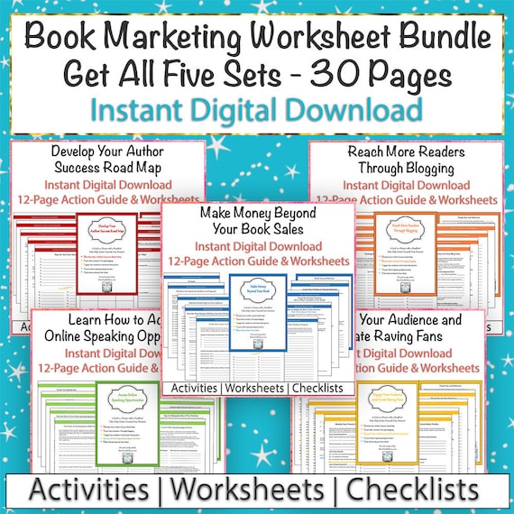 Book Marketing Worksheet Bundle - Sets 1 through 5 - Take-Action Worksheets and Checklists - PDF Files - Digital Downloand - Instant Access