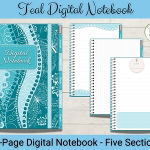 Puede incluir: Un cuaderno digital color teal con encuadernación en espiral, con una cubierta con un diseño floral teal y blanco. El cuaderno incluye páginas rayadas, cuadriculadas y en blanco. El texto "Teal Digital Notebook" y "Digital Notebook" son visibles.