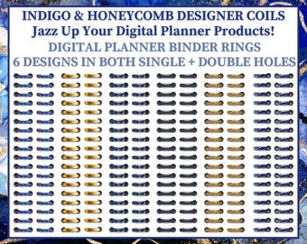 Digital Planner Rings in Indigo & Honeycomb - Digital Planner Designer Wire Coils - 6 Sets in Double and Single Holes - Commercial Use