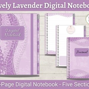May include: A digital notebook with a lavender theme. The cover features the text "Digital Notebook" and decorative swirls. The notebook includes lined pages, a journal section, and tabs for organization. The text "67-Page Digital Notebook - Five Sections" is also visible.