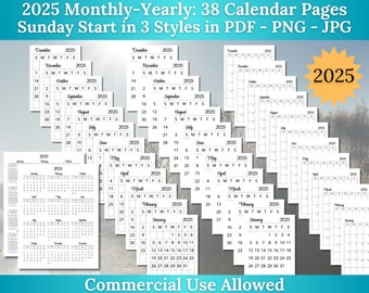 2025 Mini Calendar Kit for Planners, Sunday Start Day - 3 Styles in JPG and PNG and PDF Formats - Commercial Use Allowed