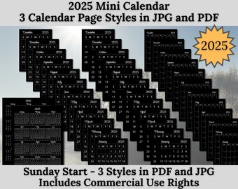 2025 Mini Calendar Kit for Planners, Sunday Start Day - 3 Styles in JPG and PDF Formats - Commercial Use Allowed, Black Background White Ink