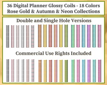 Digital Planner Glossy Binder Coils Kit - 36 Coils in 18 Colors - PNG Files - Double and Single Hole for Digital Planners - Commercial Use