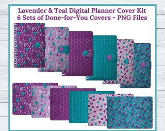 Digital Planner Cover Kit in Lavender and Teal: 6 SETS - Front Cover, Dashboard / Landscape Cover, Binder Coils - Commercial Use Allowed