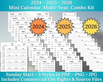 2024-2026 Mini Calendar [3 Year] Combo Kit for Planners, Sunday Start Day - 3 Styles in JPG and PNG and PDF Formats - Commercial Use Allowed