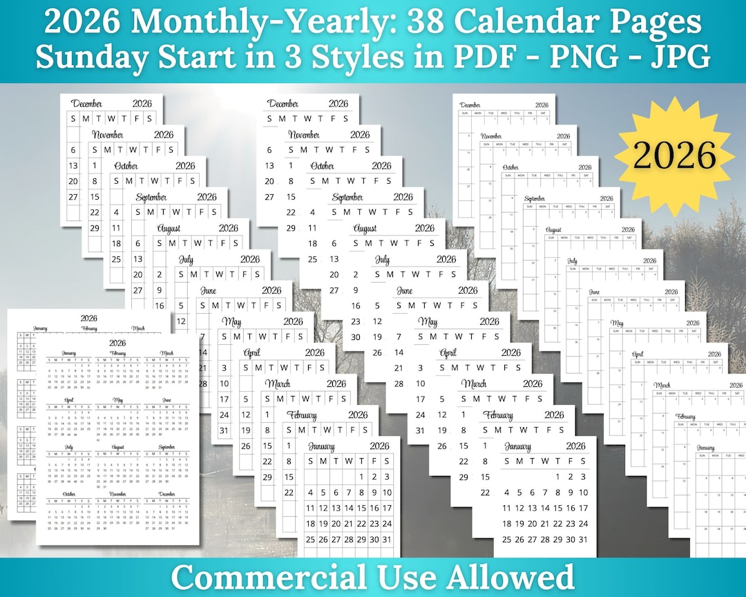 Vorlage: 2026 Mini Calendar Kit for Planners, Sunday Start Day - 3 Styles in JPG 2026 Mini Calendar Kit for Planners, Sunday Start Day - 3 Styles in JPG