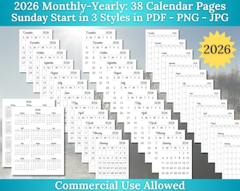 2026 Mini Calendar Kit for Planners, Sunday Start Day - 3 Styles in JPG and PNG and PDF Formats - Commercial Use Allowed