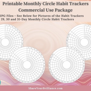 Monthly Circle Habit Tracker Images - Include 28, 29, 30 and 31 Day Habit Trackers - 4 PNG and 4 JPG Files | Personal and Commercial Use