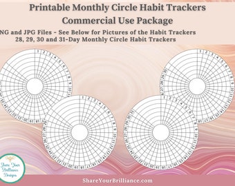 Monthly Circle Habit Tracker Images - Include 28, 29, 30 and 31 Day Habit Trackers - 4 PNG and 4 JPG Files | Personal and Commercial Use