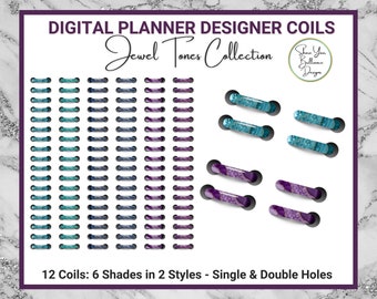 Digital Planner Wire Coils - Jewel Tone Designer Collection - 12 PNG Binder Coils - 6 Colors - Double & Single Holes - Commercial Use