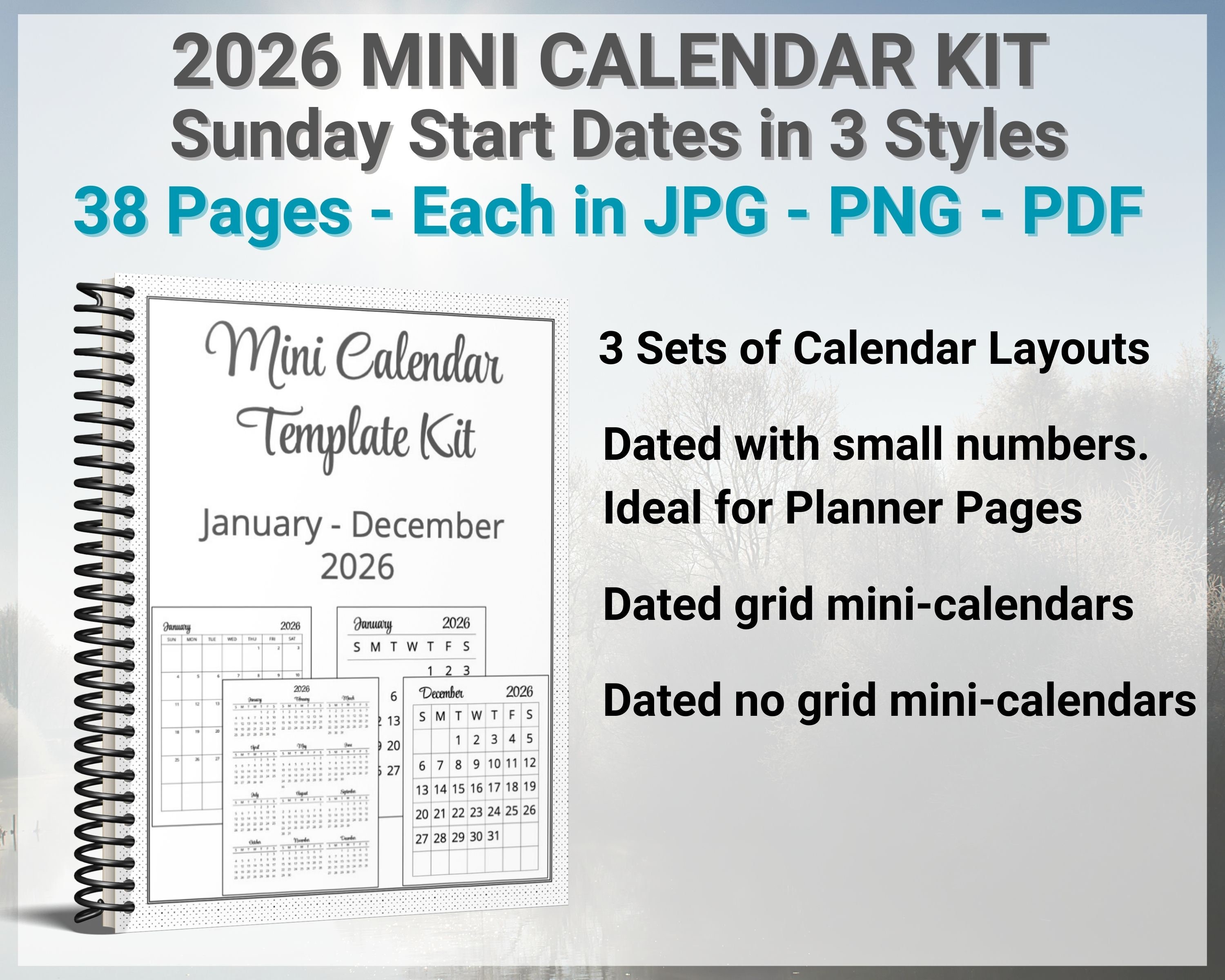 Kreatives Bild zu 2026 Mini Calendar Kit for Planners, Sunday Start Day - 3 Styles in JPG Foto zu 2026 Mini Calendar Kit for Planners, Sunday Start Day - 3 Styles in JPG