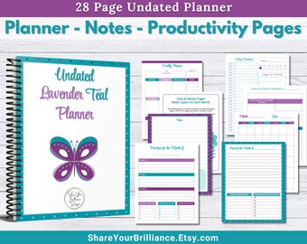 Undated Printable Planner in Lavender- Teal - 28 Letter Size Pages, PPT | PNG | PDF Files Daily, Weekly, Monthly, Notes - Commercial Use