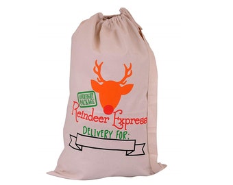 Personalized Christmas Santa Sack Bags Customizable Gift Toy Favor Pouch Bags for Kids 22"W x 33"H - Brown Reindeer Express Special Delivery