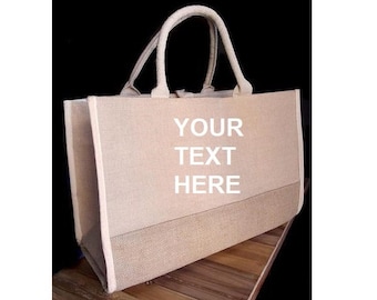 Personalized Custom Reusable Jute Burlap Tote Bags with Canvas Front Pockets for Gifts, Weddings, Shopping