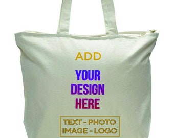 Customizable Full Zip Top Heavy Canvas Tote Bags with Bottom Gusset, Personalized Gift Tote Bags -  Print your Design, Logo, Image or Text