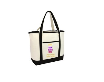 Customizable Monogrammed Reusable Zippered Two Tone Heavy Canvas Tote Bag-Print your Design, Logo, Image or Text