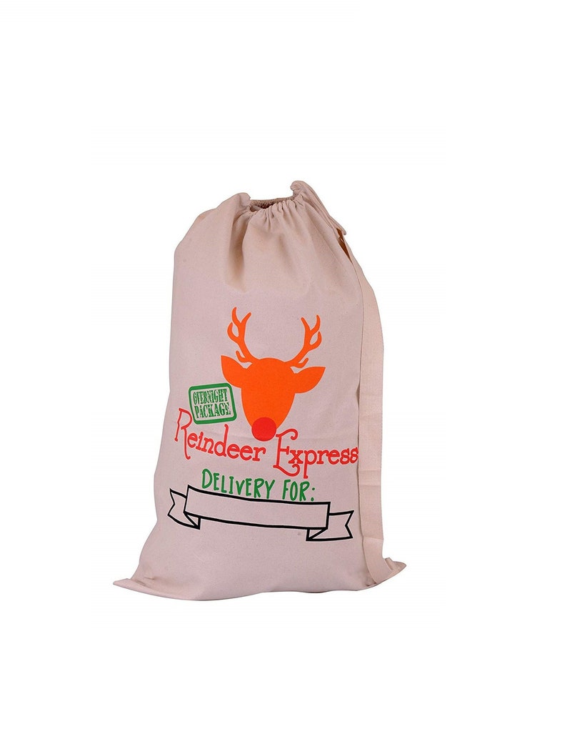 Personalized Christmas Santa Sack Bags Customizable Gift Toy Favor Pouch Bags for Kids 22W x 33H Brown Reindeer Express Special Delivery image 1