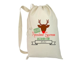 Personalized Christmas Santa Sack Bags Customizable Gift Toy Favor Pouch Bags for Kids 22"W x 33"H - Reindeer Express Special Delivery