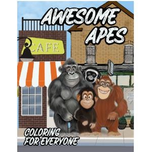 Op de afbeelding: Een kleurboek met de titel "Awesome Apes" met een cartoon gorilla, chimpansee en orang-oetan voor een café. De tekst "Coloring for Everyone" is ook zichtbaar. De achtergrond toont een gebouw en een blauwe lucht.