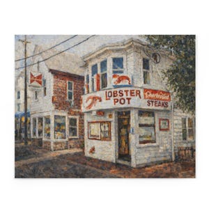 May include: A painting of a restaurant named "Lobster Pot" with "Charbroiled Steaks" signage. The building is white with red trim and a red lobster graphic. Another building is visible to the left with a red and white sign.