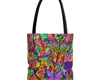 Tote Bag Sustainable Shopping Bag  Psychedelic Pop Art Butterfly Garden