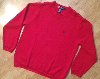 Vintage 90's red Chaps knitted long sleeve sweater pullover. Size Large. Made in Hong Kong. 100% Cotton.