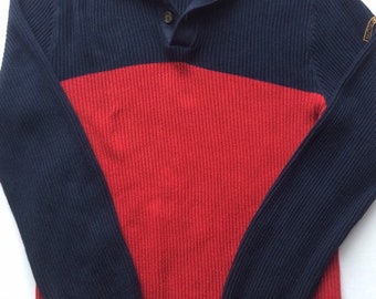 90's Nautica Jeans Co. Navy blue & Red front quarter 4 button up long sleeve knitted crew neck/ Sweater. Size XXL