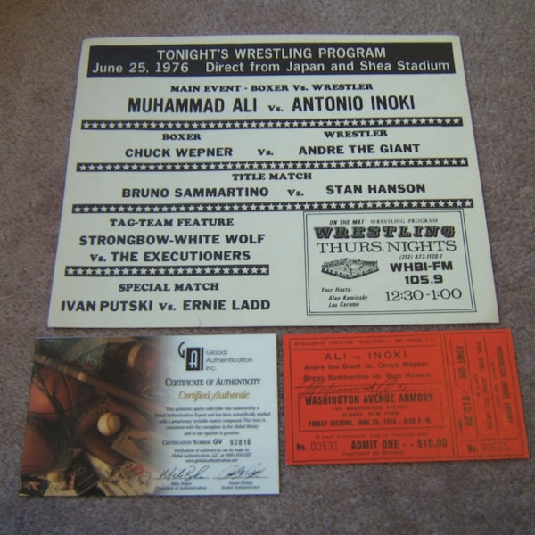 RARE VINTAGE signed Muhammad Ali VS Antino Inoki 1976 unused cctv ticket in mint condition with coa