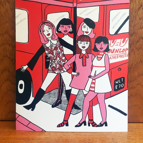 A4 Digital Print, Swinging Sixties London Bus, 1960s Routemaster, Mod Girl Fashion Illustration, Vintage Style Artwork, Pink and Red