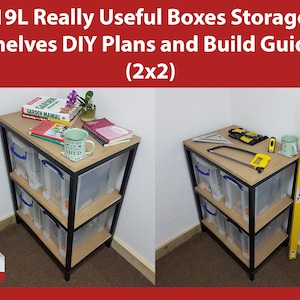 May include: DIY plans and build guide for a 2x2 storage shelf unit made from wood and metal. The shelf is filled with clear plastic storage boxes and has a wood top. The plans are available as a PDF download.