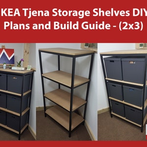 Könnte beinhalten: DIY-Pläne und Anleitungen zum Bau eines 2x3-Lagerregals mit IKEA Tjena Regalen. Die Regale sind aus schwarzem Metall und Holz und werden mit grauen Aufbewahrungsboxen gezeigt.