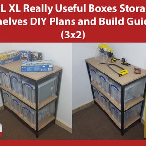 Könnte beinhalten: DIY-Pläne und Bauanleitung für ein 3x2-Lagerregal aus Holz und Metall. Das Regal ist mit durchsichtigen Plastik-Aufbewahrungsboxen gefüllt und mit "19L XL Really Useful Boxes Storage Shelves DIY Plans and Build Guide (3x2)" beschriftet.