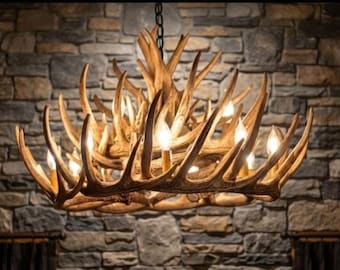 Faux Deer Antler Chandelier 32" Wide by 20" Tall Rustic Chandelier Pendant Antler Lighting Antler Decor Shabby Chic - Monarch