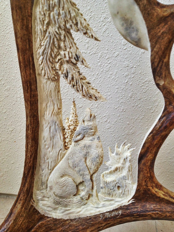 Wolf Antler Carving Decor Rustic Furniture Moose Horn Wolf Antler Carving Decor Rustic, Wolf Rustic Furniture