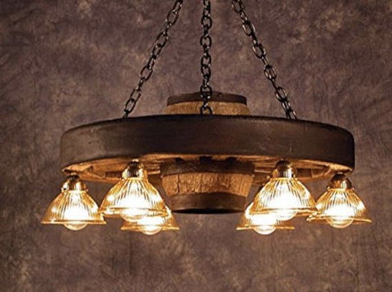 Wagon Wheel Rustic Chandelier Western Decor Pendant Light Shabby Chic Decor Log Cabin Decor Ceiling Light Circle The Wagons