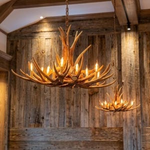 Faux Dee Antler Rustic Chandelier Rustic Antler Lights Antler Decor Pendant Light Shabby Chic 32" Wide by 20" Tall- Kings Hill image 1