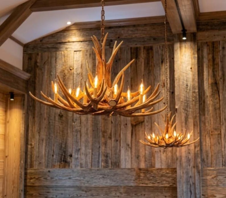 Faux Dee Antler Rustic Chandelier Rustic Antler Lights Antler Decor Pendant Light Shabby Chic 32" Wide by 20" Tall- Kings Hill image 1