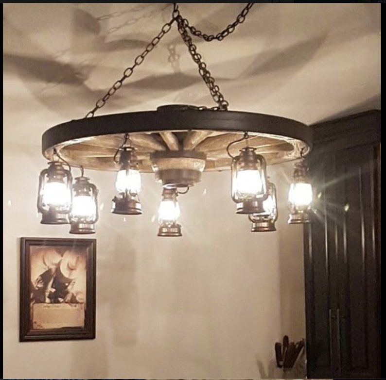 Wild West Wagon Wheel Chandelier Western Decor Pendant Rustic Light Decor Log Cabin Decor Ceiling Individually Handcrafted For Excellence image 5