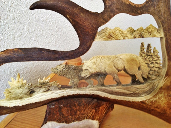 Wolf Antler Carving Sculpture Art Moose Decor Wolf Antler Carving Sculpture Art, Wolf Rustic Furniture
