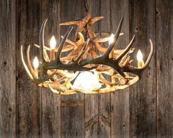 Faux Deer Antler Chandelier Rustic Pendant Antler Lighting Antler Decor 31" Wide by 16" Tall- Prentice