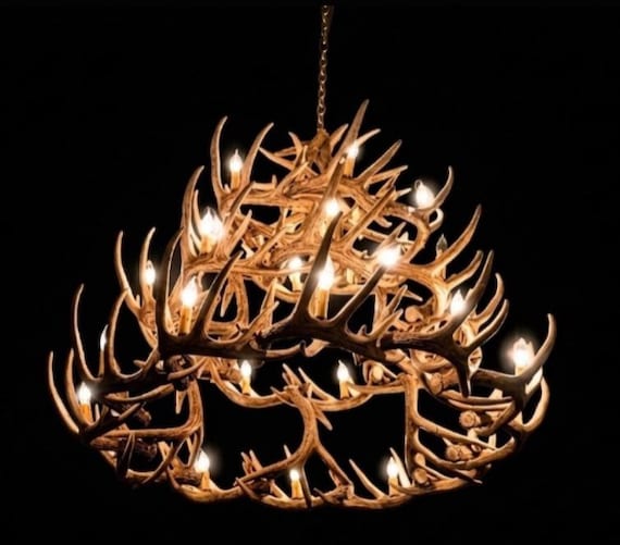 Faux Deer Antler Chandelier Pendant Light Decor Rustic Ceiling Light 50" W by 42" T Individually Handcrafted For Excellence- Ogema