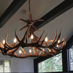 May include: A large antler chandelier with multiple light bulbs hanging from a chain. The chandelier is made of natural antlers and has a rustic, lodge-style aesthetic.