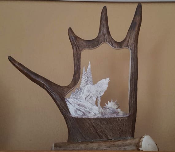Wolf Antler Carving Art Decor Rustic Furniture Moose Wolf Antler Carving Art Decor, Wolf Rustic Furniture